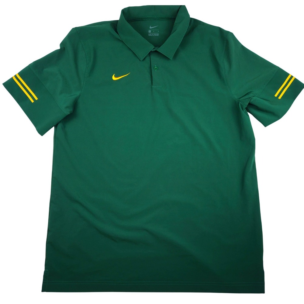 Nike Mens Golf Polo Shirt Large Green Yellow Stripe Performance Short Sleeve